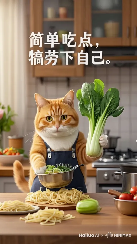 
4 中景 橘猫进厨房，拿出面条、青菜等食材放桌上。 橘猫：“简单吃点，犒劳下自己。” 4s 固定 厨房物品挪动声  by Hailuo AI Video Generator