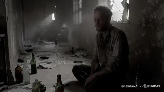 "A depressed, unshaven man in his 30s sits alone in a dimly lit, dilapidated room. The walls are covered in peeling paint, and the floor is littered with empty bottles, trash, and old newspapers. A broken window lets in faint, cold light, casting long shadows across the room. The man wears a wrinkled, stained shirt and stares blankly at the floor, his face expressionless. Dust particles float in the air, and the atmosphere feels heavy with despair. The scene is cinematic, with a muted color palette of grays and browns, evoking a sense of hopelessness and isolation. Slow, melancholic background music plays, enhancing the somber mood." by Hailuo AI Video Generator