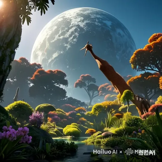 展示一颗充满生机的星球，奇异的植物、神秘的生物和谐共生。图片风格为写真，原比例。 by Hailuo AI Video Generator