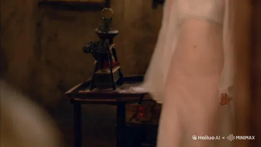 一个白瘦幼中国美女向我走来, 穿的不多, 面料很透. 走过来的时候给一个特写, 让观众看清楚那部分衣服. 她是黑头发. 整个画面的氛围暧昧, 但不是冷色调 by Hailuo AI Video Generator