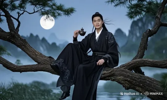 夜凉如水，月色如银纱般洒落在这片静谧的山林间。那棵苍劲的大树，枝桠横斜，在微风中轻轻摇曳。只见一位侠客随性地坐在一根粗壮的树枝上，他身着一袭略显破旧却难掩潇洒的黑袍，衣摆随风而动，似在与这夜的风儿嬉戏。
 
他手中紧握着一个酒葫芦，时不时仰头灌上一口，酒水顺着嘴角流下，打湿了胸前的衣衫，他却浑然不在意，只是哈哈一笑，笑声在这山林间回荡，透着一股子放荡不羁的洒脱劲儿。那双眸子在月色下熠熠生辉，仿佛藏着这世间无尽的故事，又好似只装着当下这畅快饮酒的自在时刻，全然不顾树下那世俗的纷纷扰扰，仿佛这天地间，唯他与这美酒、这清风、这月色相伴才是最逍遥的事儿。
多重运镜效果 by Hailuo AI Video Generator
