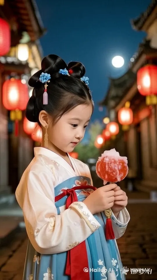 小女孩爱不释手的看着棉花糖，然后开心地吃了起来，嘴上露出笑容。 by Hailuo AI Video Generator