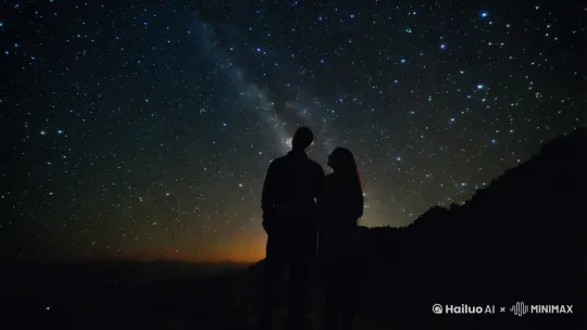 星空下，一对情侣在山顶看星空，中景镜头，人物为背影。 by Hailuo AI Video Generator