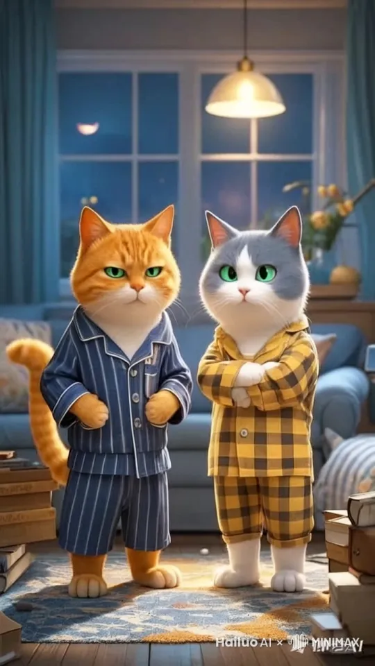 右边的橘猫说话，手握成拳头。左边的猫不动，嘴巴不动。 by Hailuo AI Video Generator