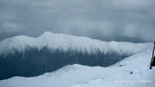 雪山，雪风爆，羊肠小道，上山，法师，长白胡子，黑衣法袍，扭木法杖，身上有落雪，缓慢爬山。 by Hailuo AI Video Generator