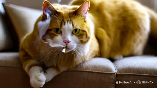 一只黄白色的猫咪靠在客厅沙发上象人一样抽烟，烟从鼻子上喷出，手拿着香烟，一口一口的抽。9:16出结果 by Hailuo AI Video Generator