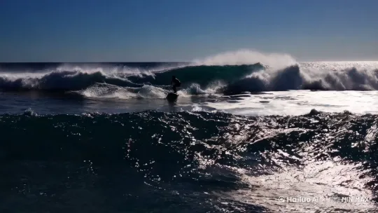  一个人在大海中冲浪，海浪汹涌澎湃，浪花激烈地拍打着海面。天空湛蓝，阳光洒在水面上，形成闪烁的光斑。冲浪者站在冲浪板上，随着海浪的起伏快速移动，周围是飞溅的白色浪花和深蓝色的海水。镜头跟随冲浪者的动作，时而拉近，时而拉远，展现出人与海浪的力量对抗。 by Hailuo AI Video Generator