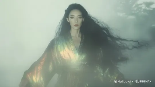 固定镜头，女人单手快速向下一挥，向前施法，释放出烟雾般的魔法粒子光效 by Hailuo AI Video Generator