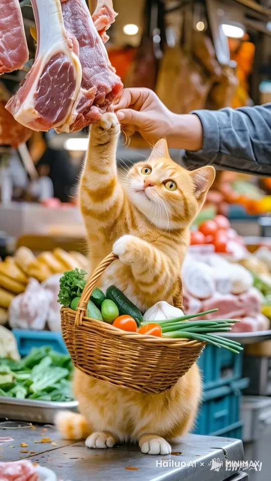 橘猫把肉放到竹筐里 by Hailuo AI Video Generator
