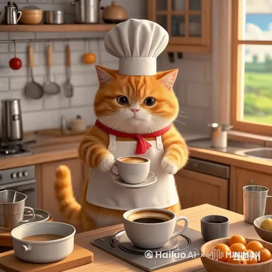 图片里的猫咪双手端着咖啡，咖啡冒气，吹一下喝一口说：“生活就是顶着一分的甜，冲淡那九分的苦。有钱把日子过好，没钱把心情过好，有什么样的能力，就过什么样的生活，余生站在属于自己的高度，看该看的风景。” 一边说，一遍走向窗户边，看向窗户外面的景色，逼真生动，细节 by Hailuo AI Video Generator