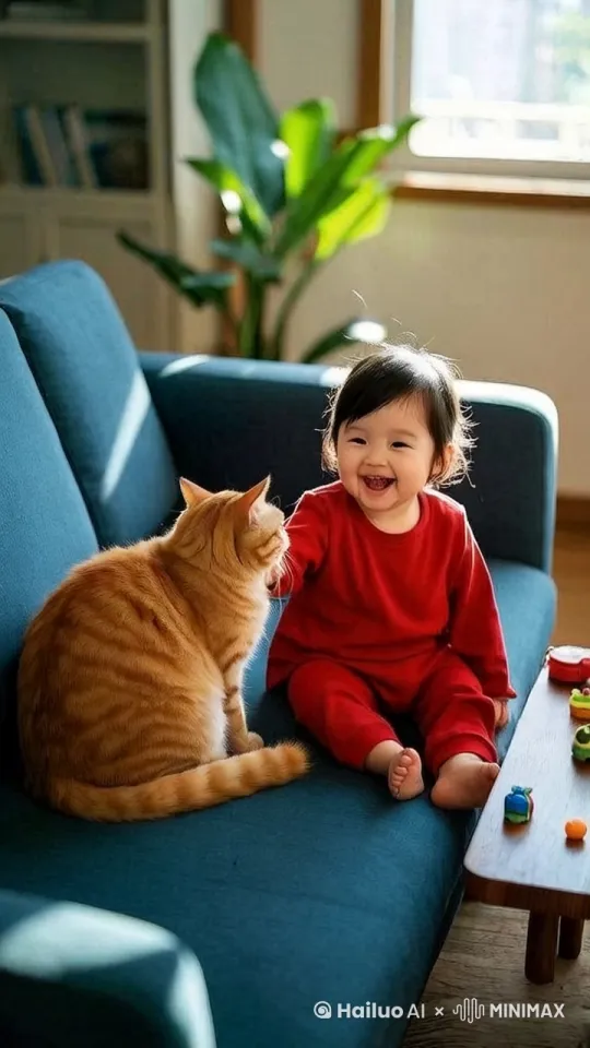 猫和婴儿对视，然后面对镜抱在一起，婴儿笑得非常的开心 by Hailuo AI Video Generator
