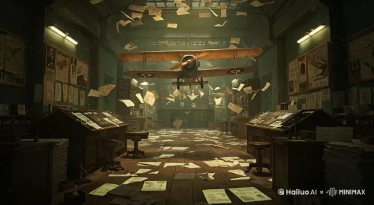 "1910s vintage airplane taking off in a cluttered airplane design studio, filled with scattered newspapers and technical calculations. The plane is viewed from a frontal perspective, soaring toward the viewer with dramatic depth. Newspapers flutter around the plane as it lifts off the ground, creating a chaotic yet cinematic atmosphere. The design studio is filled with stacked blueprint papers and historical documents. The visual should have rich layers, strong immersion, and an epic, cinematic feel. The scene is detailed, with light and shadow contrasts, using a nostalgic color palette (bronze, dark green, brown) to evoke a 1910s aesthetic. The space incorporates floor projections of flying papers and design formulas, creating a dynamic and immersive environment with a strong sense of motion." by Hailuo AI Video Generator