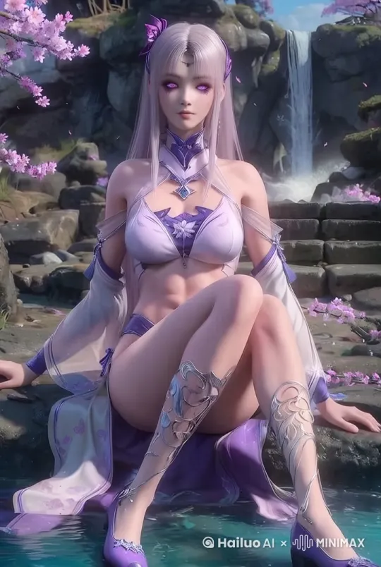 她乖乖的坐在地上，甩动淡紫长发，花瓣飘落，少女歪头睁大眼，面露惊讶好奇，裙摆飞扬，露美腿与紫鞋。 by Hailuo AI Video Generator