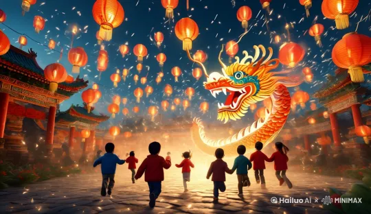 孩子们缓缓跑向龙的位置，龙在微微舞动，火光，烟火，灯笼，细腻，疯狂的细节,8K，电影级别画质 by Hailuo AI Video Generator