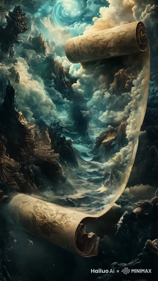 云层不断翻腾，画中的水流奔腾，上层的漩涡自转，整体内容为神器山河社稷图 by Hailuo AI Video Generator