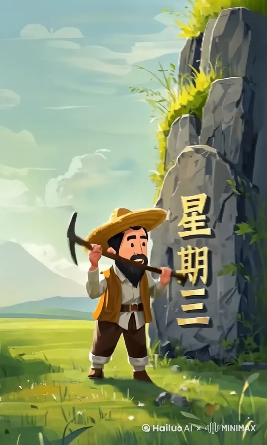 手绘风格的动画中有个老人拿着锄头敲石壁 by Hailuo AI Video Generator