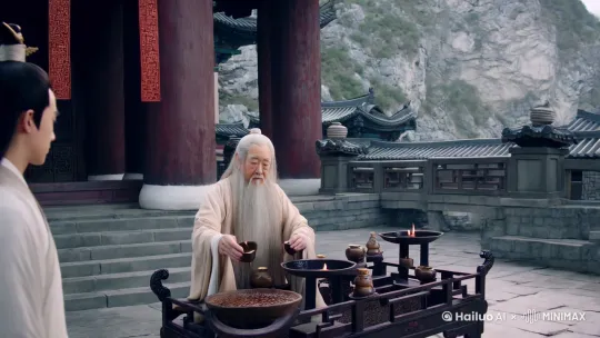 帮我生成一张图片：帮我生成图片，那个神庙就两个道士，一个老得看不出来年纪的老道长，白发白胡子  仙风道骨    ，一个小的看不出年纪的小道童，正在炼丹，就是炼制这种丹药。超高清  8k  影视剧玄幻画风  仙侠剧  唯美    比例9：16。图片风格为国风动漫，原比例。 by Hailuo AI Video Generator