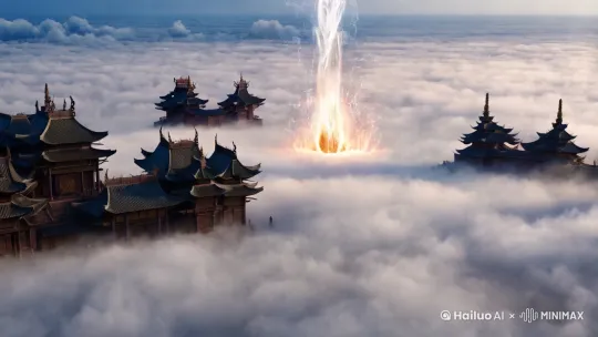 相机俯视视角，向下看到一片云海，云海中有20左右栋古代风格的建筑，高耸入云。在画面的中心产生了剧烈的法术冲击波向四周扩散。云海也被冲击波所影响进行交互。要求质量影视级别。云海精度要高。冲击波冲击力度很强。 by Hailuo AI Video Generator