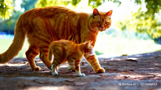 两只橘色的猫，一只大，一只小，大猫慢慢的跟随着小猫往前走，温暖的阳光洒在它们身上，一副岁月静好的模样。 by Hailuo AI Video Generator