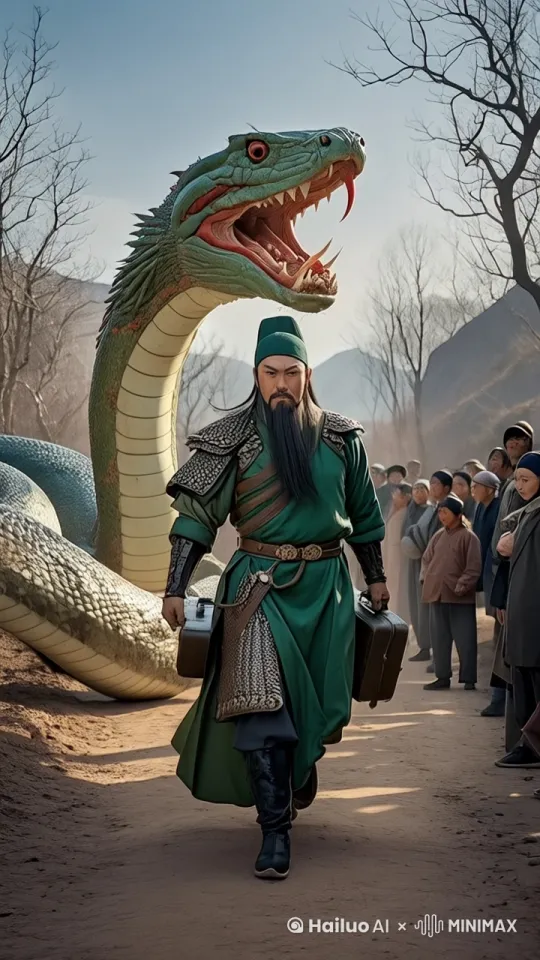 镜头移动，动态跟随，关羽回身飞跃跳上巨蛇的后背，巨蛇在场地中奔跑，上下跳跃、疯狂跳跃，关羽紧紧骑在巨蛇身上， by Hailuo AI Video Generator