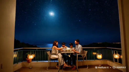 一个夏天的晚上，天空明月高照，数不清的星星一闪一闪，一对夫妻和两个儿子在八楼天台上喝茶聊天。 by Hailuo AI Video Generator