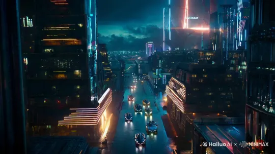 银翼杀手中赛博朋克的科幻城市，镜头环绕城市高楼之间拍摄各式各样的未来概念车在城市上空之间穿梭，背景音乐是星际穿越的背景乐，视频时间一分钟，1280*720，25帧， by Hailuo AI Video Generator