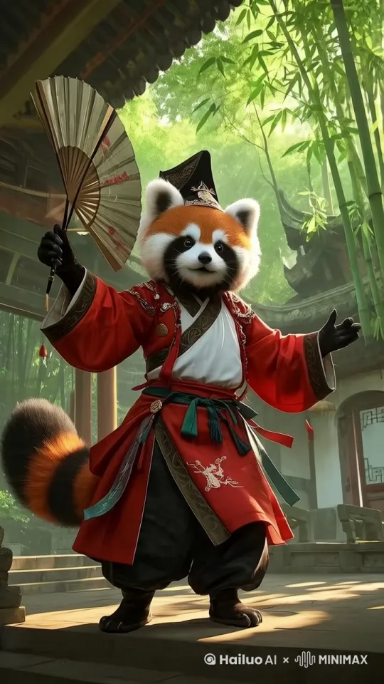 拿着扇子的小熊猫兽人表演中国传统古典舞蹈。小熊猫兽人的舞姿动人优美动作非常流畅自然。大师级舞蹈作品。顶级特效渲染 by Hailuo AI Video Generator