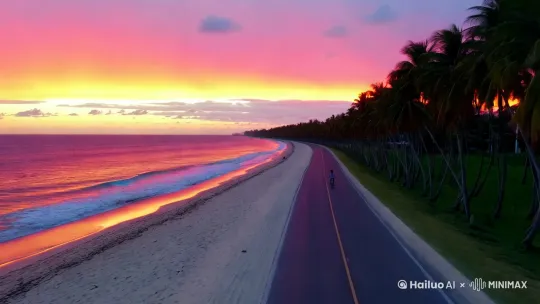 傍晚，一条长长的弧形沿海公路，公路的左边是一片紧邻大海的沙滩，海水轻轻拍打在沙滩上，海面上晚霞很绚烂，一位小男孩正慢慢骑着自行车，公路右侧是茂密的椰树林，请你以天空视角生成这个视频 by Hailuo AI Video Generator