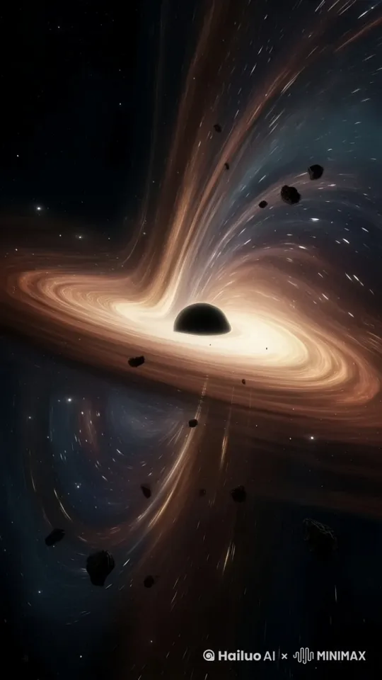 宇宙视角，光速旋转的黑洞，吞噬一切已知物质的事件视界（Event Horizon），黑洞内喷射出的高能量流，混沌的力量，未知的神秘，临近的奇点 by Hailuo AI Video Generator