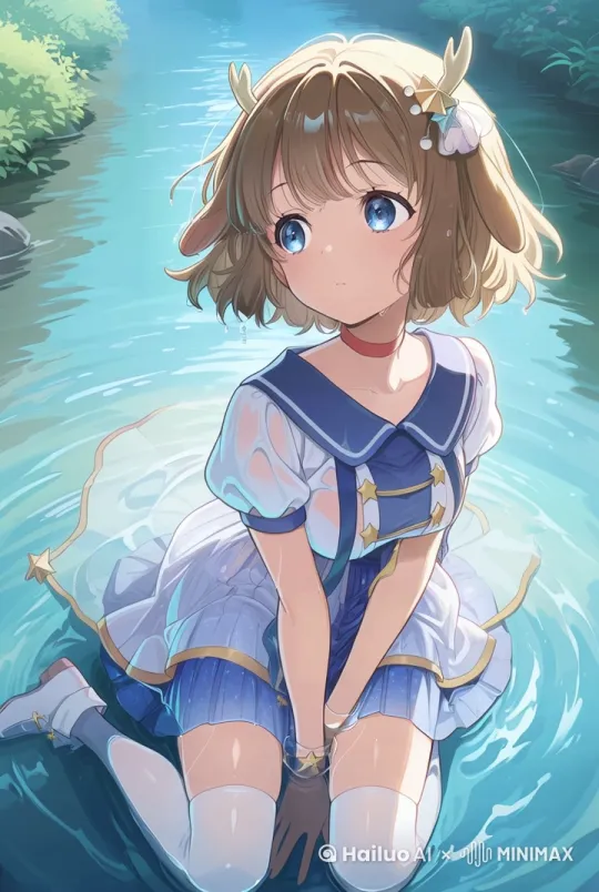 一个女孩坐在水面上，微微飘动的头发和衣服，动漫风格 by Hailuo AI Video Generator