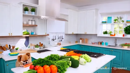 Create a charming, live-action video of a lively little dog helping in a bright, tidy kitchen. The scene opens with a wide shot of the kitchen, showcasing neatly arranged utensils and fresh vegetables on the counter. The camera then zooms in to focus on the dog, a small and adorable breed, confidently using a knife to cut a fresh carrot. The dog's paws steady the carrot as the knife slices through it, stopping at the halfway point. The dog's expression is happy and focused, with clean paws and a clean knife, ensuring no mess is made. The background remains organized, with vibrant colors and consistent bright lighting. Include ambient kitchen sounds, such as the knife cutting the carrot and the rustling of vegetables, with a soft, upbeat music track playing in the background. The video should capture the entire process in a smooth, fluid motion, with a duration of about 15-30 seconds by Hailuo AI Video Generator