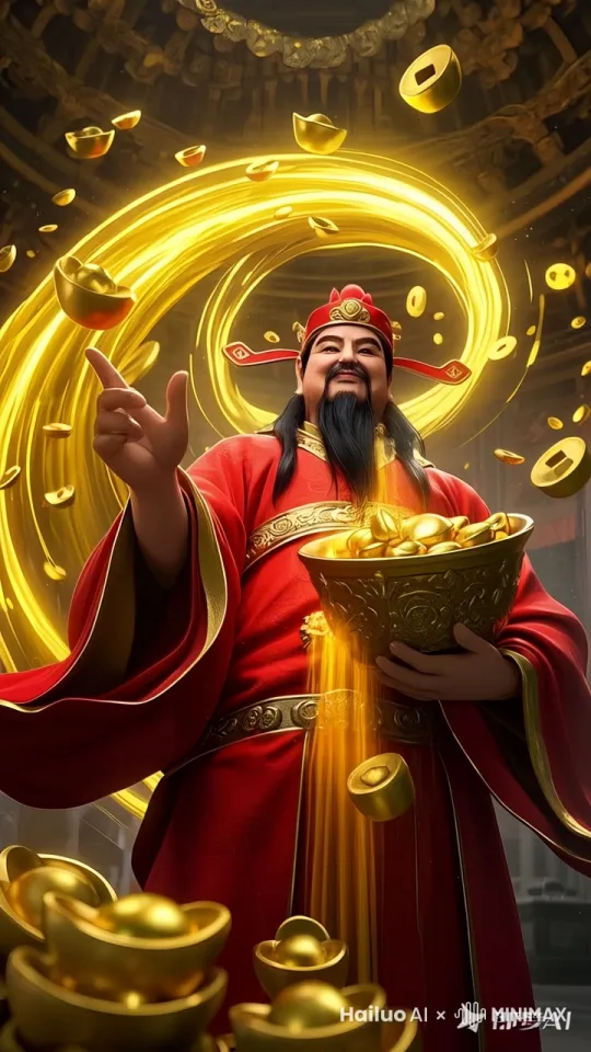 人物哈哈大笑，手指一点，金光射出，金光旋转，天空金元宝金币纷纷掉落，地上的金元宝像洪水一般流淌，金光闪闪 by Hailuo AI Video Generator