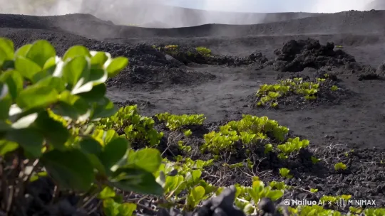 在火山周围，通常会有一些植物和树木。尽管火山喷发具有破坏性，但在火山周围仍然可以看到一些顽强生长的植物。这些植物可能因为火山土壤的肥沃而生长得特别茂盛 by Hailuo AI Video Generator