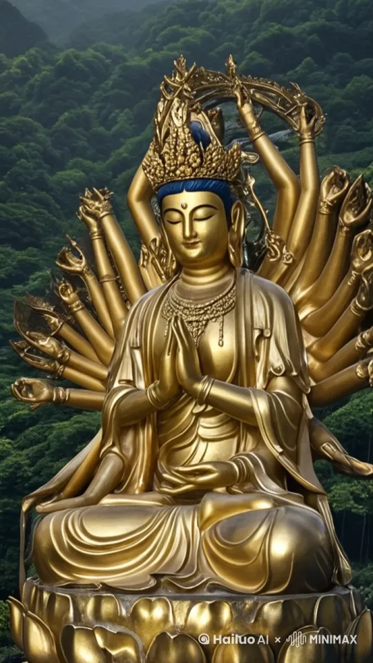 观音从莲花台上起身站起来然后走动起来，森林弥漫着仙雾 by Hailuo AI Video Generator