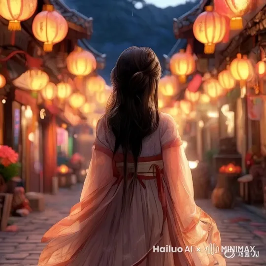 这张图片展示了一位身穿古装的女子,站在一条挂满红灯笼的街道上。背景中的红灯笼和古色古香的建筑营造出一种温馨而浪漫的氛围,仿佛是某个传统节日或庆典的场景。
如果你想将这张图片生成视频,可以考虑以下几点:
1. **动态效果**:可以给红灯笼添加轻微的摇曳效果,模拟风吹动的样子。
2. **背景音乐**:选择一些传统的中国音乐作为背景音乐,增强氛围。
3. **镜头移动**:可以从女子的背影开始,逐渐拉远,展现整条街道的景象,然后慢慢向前推进,回到女子的背影。
4. **光影变化**:模拟灯光的闪烁和光影的变化,增加画面的生动感。
这些元素可以帮助你将这幅静态的图片转化为一个充满生命力和情感的短视频。 by Hailuo AI Video Generator