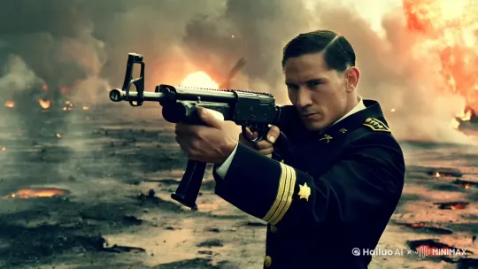 我身穿军装，手持机枪扫射，身后炸弹爆炸，火光四起，销烟滚滚，一片焦土 by Hailuo AI Video Generator