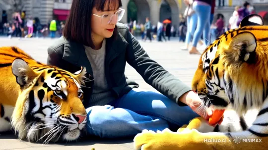 这个女生坐在布拉格广场的地上，周围人群涌动，她手里拿着胡萝卜投喂两只东北虎，老虎嘴里露出半根胡萝卜，欣然的咀嚼着 by Hailuo AI Video Generator