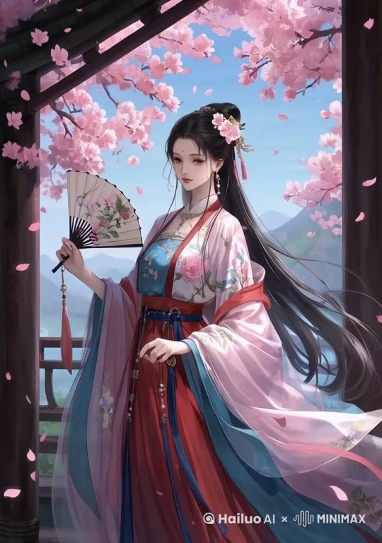 女人在扇扇子，衣服在自然的摆动，树上的花瓣落下 by Hailuo AI Video Generator