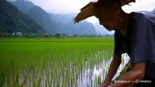 在一个四面环山，山中央全是碧绿色稻田，天空下着小雨，一位农民伯伯年龄70左右，头戴斗笠，徘徊在稻田岸边。 by Hailuo AI Video Generator