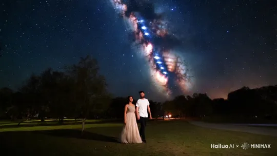 一对情侣牵手，在繁星点点的夜空中漫步，背景中的星河在缓慢的移动 by Hailuo AI Video Generator
