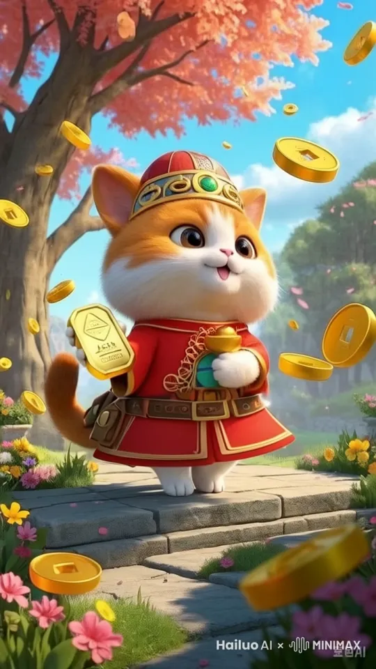 可爱猫咪，缓慢身体转一圈，跳起来，双脚双手做跳舞动作，走近屏幕，半身表情可爱，歪头微笑，金币往下掉，树叶和花朵风中摇摆，高清，光线明亮，电影画质， by Hailuo AI Video Generator