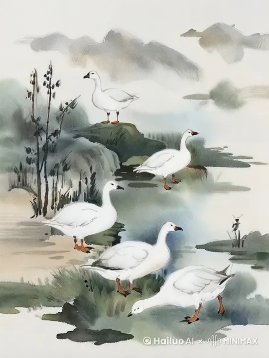 湛蓝天空与悠悠白云为幕，绿意盎然的池塘广阔无垠，洁白鹅群昂首挺立，向着天际高声鸣叫 。 by Hailuo AI Video Generator