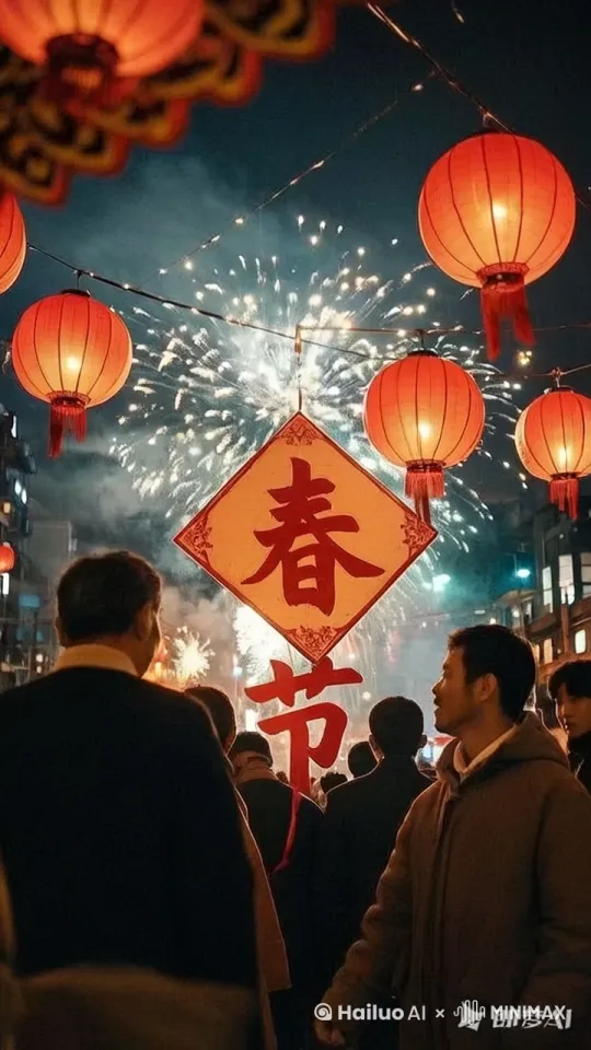 过春节，人们来来往往，看花灯 by Hailuo AI Video Generator