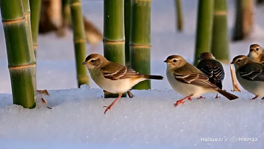 清晨，几只鸟雀落在竹子上。它们的爪子在冰雪上留下浅浅的痕迹，叽叽喳喳地叫着，仿佛在为这寒冷的冬天增添一丝生机。竹子微微晃动，抖落一些积雪，鸟雀们又振翅飞起。 by Hailuo AI Video Generator