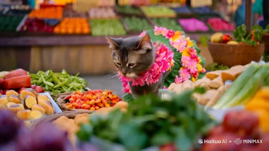 一只可爱的猫咪穿着花裙子在街上买各种好吃的。 by Hailuo AI Video Generator