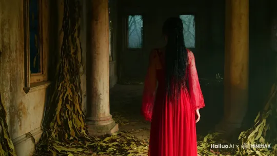 中式恐怖主题，红衣女人为主角。画面中心构图，古宅为背景（环境：古宅，阴森神秘）。第 1 - 2 秒，红衣女人背对镜头，血渍斑斑红衣破旧，头发如海藻垂落（角色一致性：女性，红衣，古宅环境，头发特征）。古宅阴暗陪衬（陪体一致性：古宅位置固定，破旧灰暗）。光影昏暗，侧光勾勒轮廓（光影：侧光，增强立体感）。固定镜头，全景展示（镜头语言：固定，景别：全景），速率缓慢，氛围恐怖。第 3 - 4 秒，女人转身，眼睛怨毒闪烁（主体动作：转身），推镜头特写眼睛，周围似有死亡气息（氛围营造）。第 5 秒，画面渐暗。 by Hailuo AI Video Generator
