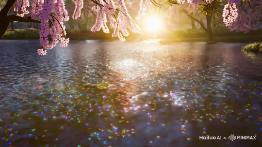 阳光下的水流 水流粒子效果 视角极速向前移动 流动感 光线跟踪 通透 有波纹 水辛烷值渲染 水面上飘着一些闪闪发光的花朵梅花树上飘落着梅花 by Hailuo AI Video Generator