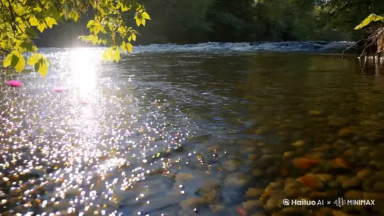 阳光下的水流 水流粒子效果 视角极速向前移动 流动感 光线跟踪 通透 有波纹 水辛烷值渲染 水面上飘着一些闪闪发光的花朵，一只狐狸在水边喝水 by Hailuo AI Video Generator
