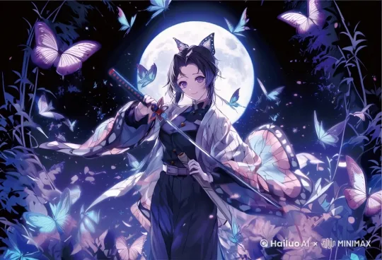 画面自然的动起来，眨一下紫色深邃的眼睛，面部五官精致清晰，手和刀形状不要改变，高清画质，背景灵动飘逸，周围的蝴蝶自由飞舞，蝴蝶不要改变形状，画面和谐，画面精美 by Hailuo AI Video Generator