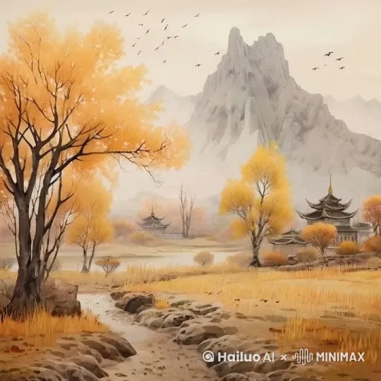 树叶微风摇动，天空小鸟展翅飞翔，小溪流水在流动，摄像镜头正面拍摄，黄昏景色，风和日丽 by Hailuo AI Video Generator